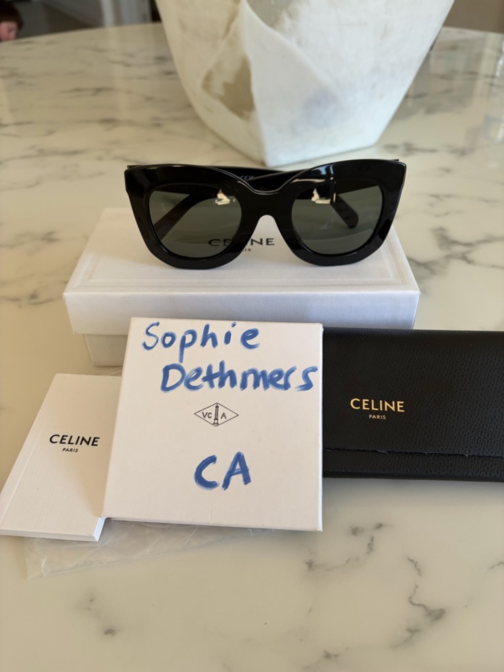 Celine Glossy Black Cat-Eye Sunglasses with Dark Green Lenses